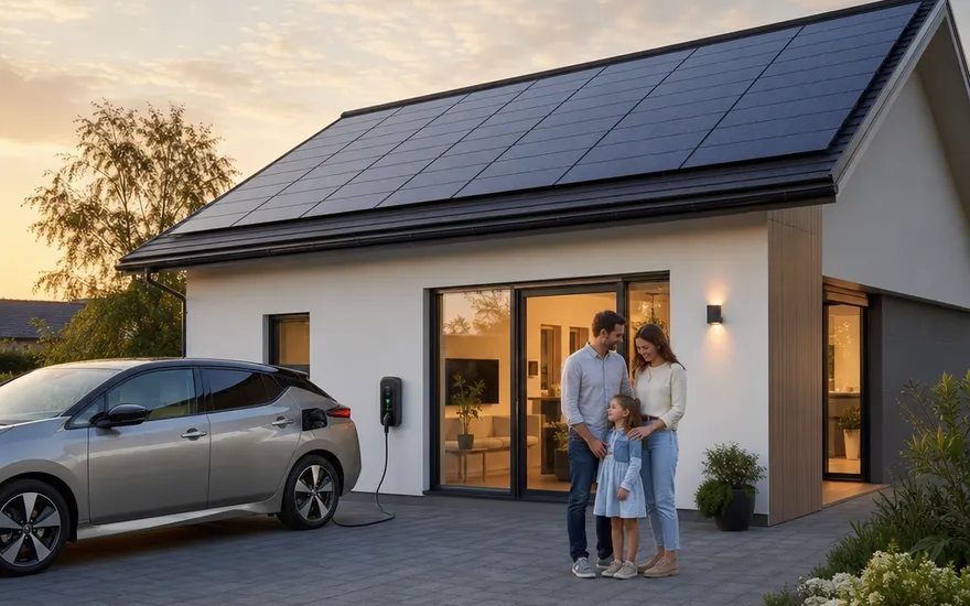 Energieeffizienter Neubau: Solarstrom und Wärmepumpe von Anfang an Neubau mit Photovoltaik auf dem Dach und Wärmepumpe im Garten bei Tageslicht – energieeffizientes Haus für niedrige Betriebskosten