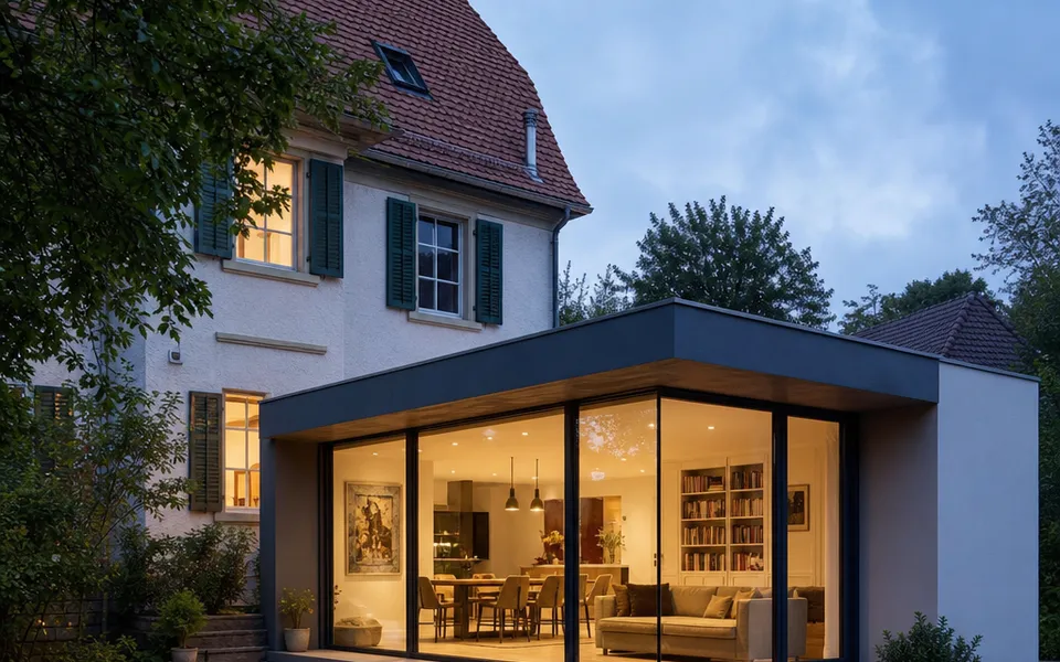 Moderner Flachdach-Anbau mit großer Glasfront erweitert ein Bestandshaus zum Garten – Modulanbau mit kalkulierbaren Kosten 2026 Moderner Flachdach-Anbau mit großer Glasfront erweitert ein Bestandshaus zum Garten – Modulanbau mit kalkulierbaren Kosten 2026