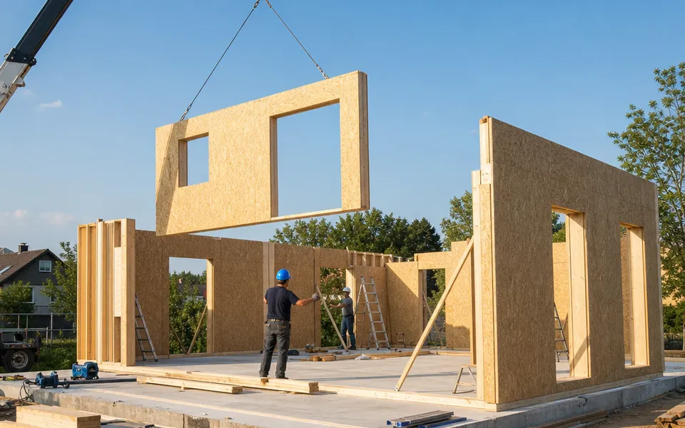Selbstbauer montieren vorgefertigte Wandelemente eines Bausatzhauses auf der Bodenplatte – günstigster Weg ins Eigenheim 2026 Selbstbauer montieren vorgefertigte Wandelemente eines Bausatzhauses auf der Bodenplatte – günstigster Weg ins Eigenheim 2026