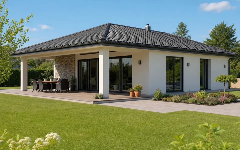 Ebenerdiger Bungalow mit überdachter Terrasse, bodentiefen Fenstern und stufenlosem Eingang – barrierefreier Neubau 2026 Ebenerdiger Bungalow mit überdachter Terrasse, bodentiefen Fenstern und stufenlosem Eingang – barrierefreier Neubau 2026