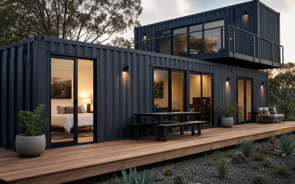 Containerhaus mit anthrazitfarbener Wellblech-Fassade, Holzdeck und Glasschiebetür im Industrial-Stil – Kosten 2026 Containerhaus mit anthrazitfarbener Wellblech-Fassade, Holzdeck und Glasschiebetür im Industrial-Stil – Kosten 2026