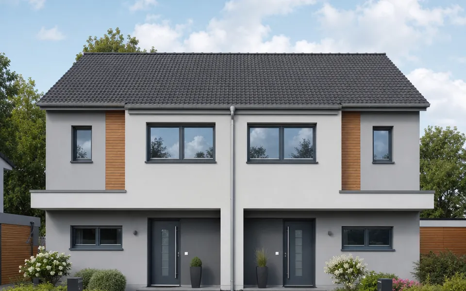 Modernes Doppelhaus mit zwei gespiegelten Haushälften und separaten Eingängen – Baukosten je Wohneinheit 2026 kalkulieren Modernes Doppelhaus mit zwei gespiegelten Haushälften und separaten Eingängen – Baukosten je Wohneinheit 2026 kalkulieren