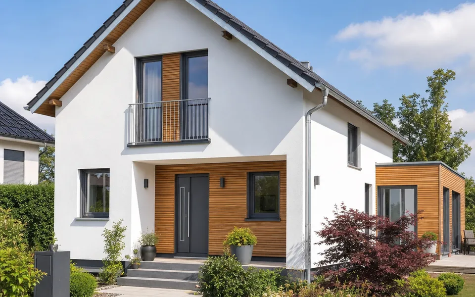Freistehendes Einfamilienhaus mit Satteldach, weißem Putz und Holzelementen im gepflegten Garten – Neubaupreise 2026 im Blick Freistehendes Einfamilienhaus mit Satteldach, weißem Putz und Holzelementen im gepflegten Garten – Neubaupreise 2026 im Blick