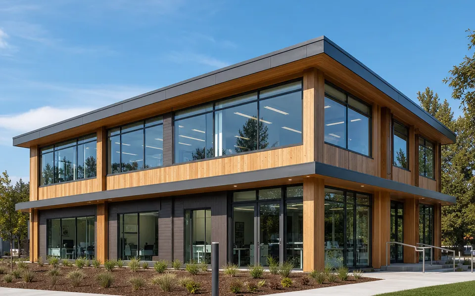 Zweigeschossiges Bürogebäude in Holz-Hybrid-Bauweise mit Holz-Glas-Fassade – Gewerbebau zum Festpreis 2026 Zweigeschossiges Bürogebäude in Holz-Hybrid-Bauweise mit Holz-Glas-Fassade – Gewerbebau zum Festpreis 2026