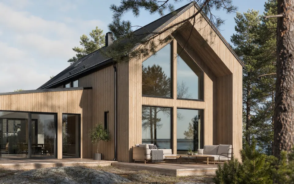 Holzhaus im skandinavischen Stil mit naturheller Holzfassade und großen Fenstern zwischen Kiefern – Holzbau-Preise pro m² 2026 Holzhaus im skandinavischen Stil mit naturheller Holzfassade und großen Fenstern zwischen Kiefern – Holzbau-Preise pro m² 2026