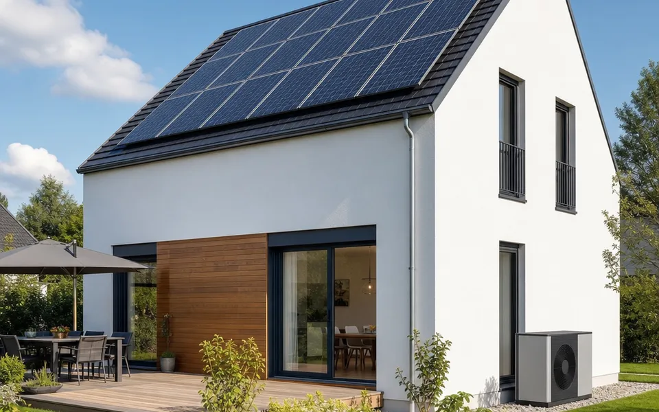 KfW-40-Effizienzhaus mit vollflächig belegtem Photovoltaik-Dach und Wärmepumpe an der Fassade – maximale Förderung 2026 KfW-40-Effizienzhaus mit vollflächig belegtem Photovoltaik-Dach und Wärmepumpe an der Fassade – maximale Förderung 2026