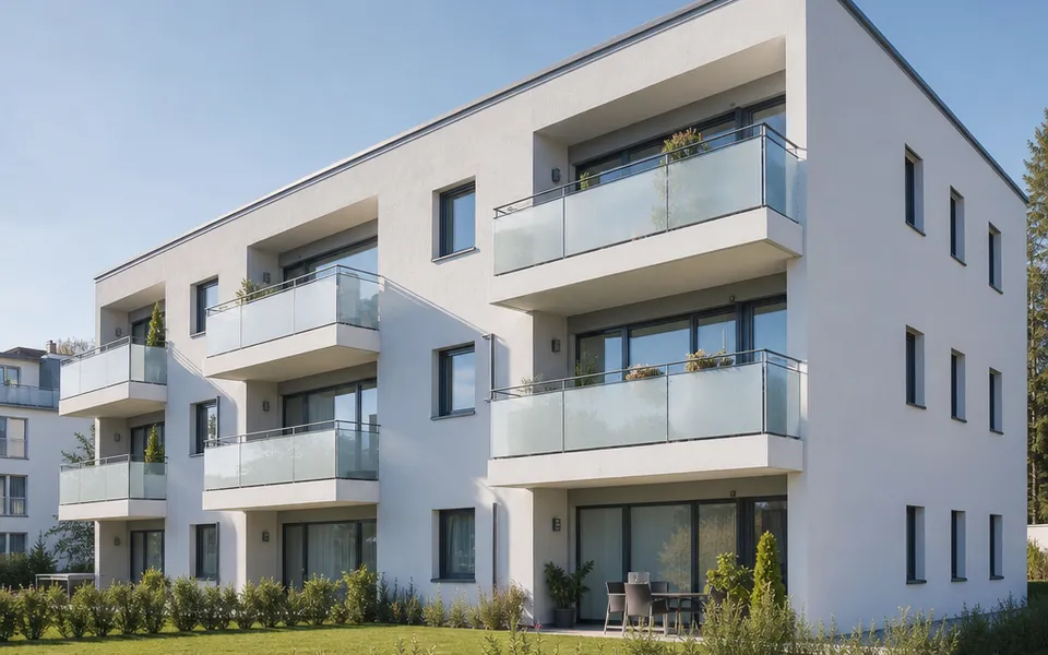 Dreigeschossiger Mehrfamilienhaus-Neubau mit Glasbalkonen und heller Putzfassade – Wohnungen als Kapitalanlage 2026 Dreigeschossiger Mehrfamilienhaus-Neubau mit Glasbalkonen und heller Putzfassade – Wohnungen als Kapitalanlage 2026
