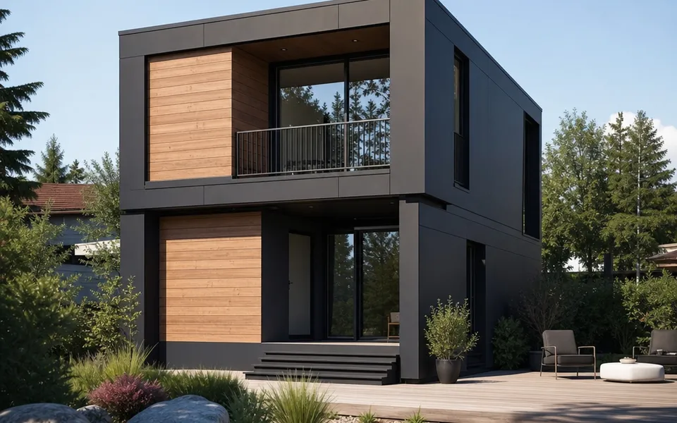 Kubisches Modulhaus aus zwei gestapelten Raummodulen mit Anthrazit-Holz-Fassade und kleinem Garten – Modulhaus-Preise 2026 Kubisches Modulhaus aus zwei gestapelten Raummodulen mit Anthrazit-Holz-Fassade und kleinem Garten – Modulhaus-Preise 2026