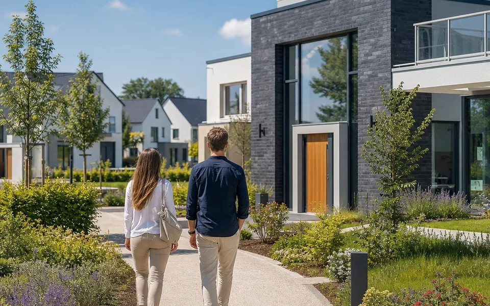 Paar spaziert durch den Musterhauspark auf ein modernes Ausstellungshaus zu – Musterhaus-Besichtigung vorbereiten 2026 Paar spaziert durch den Musterhauspark auf ein modernes Ausstellungshaus zu – Musterhaus-Besichtigung vorbereiten 2026