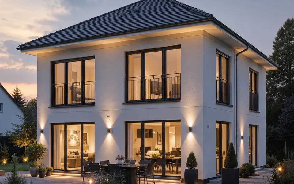 Repräsentative Stadtvilla mit Walmdach, zwei Vollgeschossen und großen Fensterfronten in der Abenddämmerung – Preise 2026 Repräsentative Stadtvilla mit Walmdach, zwei Vollgeschossen und großen Fensterfronten in der Abenddämmerung – Preise 2026