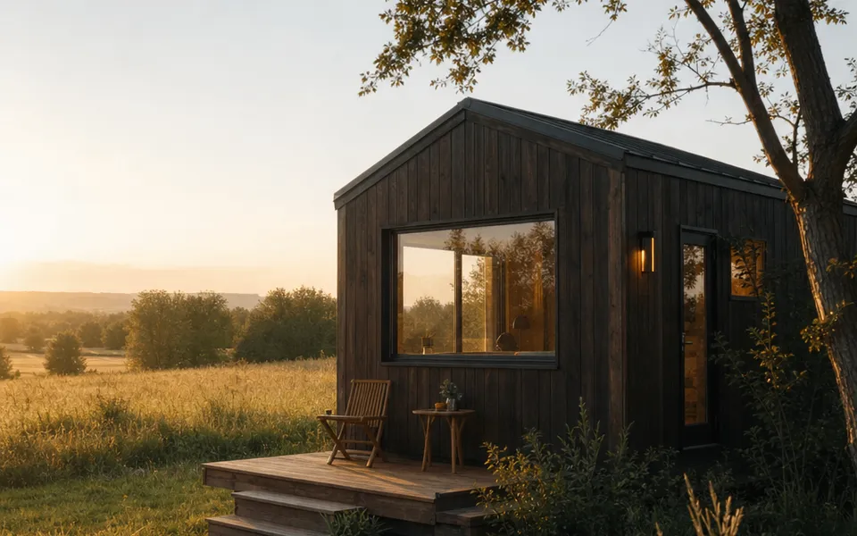 Tiny House mit dunkler Holzfassade, großem Fenster und kleiner Holzterrasse auf der Wiese – Minihaus-Preise 2026 Tiny House mit dunkler Holzfassade, großem Fenster und kleiner Holzterrasse auf der Wiese – Minihaus-Preise 2026