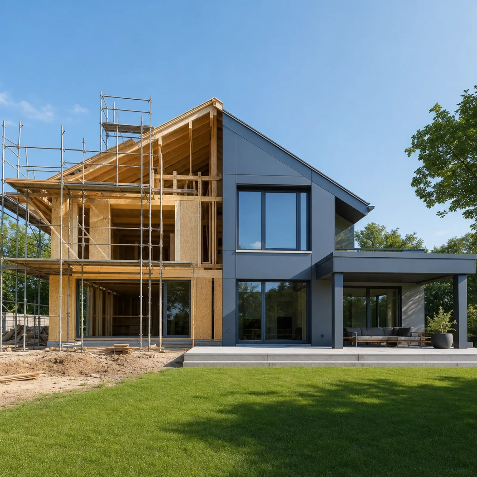 Vom Rohbau zum Traumhaus: moderner Neubau im Tageslicht Moderner Neubau bei Tageslicht: links der Rohbau in Holzständerbauweise mit Gerüst, rechts das fertige Haus mit stahlblauer Fassade und großen Fensterfronten – Hausbau von Anfang bis Einzug auf neu-bau.net